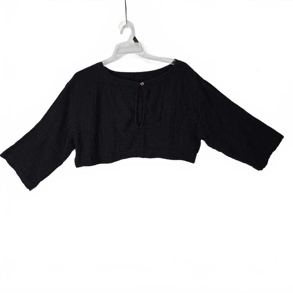 Free People Black Gauze Cotton Cropped Boxy Top Blouse Sz M Keyhole Back Boho - Picture 2 of 7